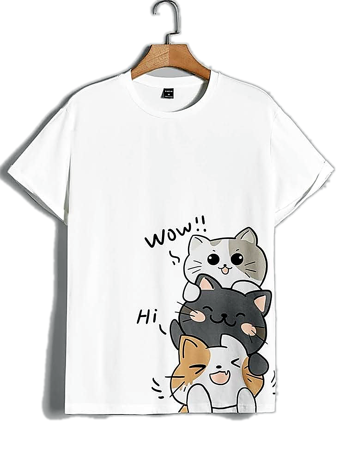 Camiseta blanca con personaje ilustrado y vista frontal y trasera.